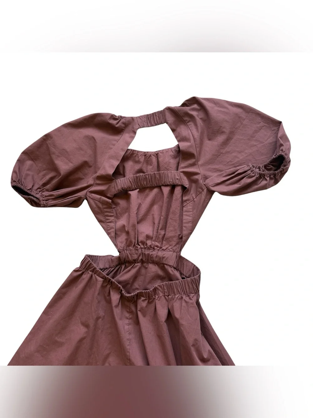 Abercrombie Ruched Puff Sleeve Cutout Midi Dress S Petite Brown Poplin Romantic